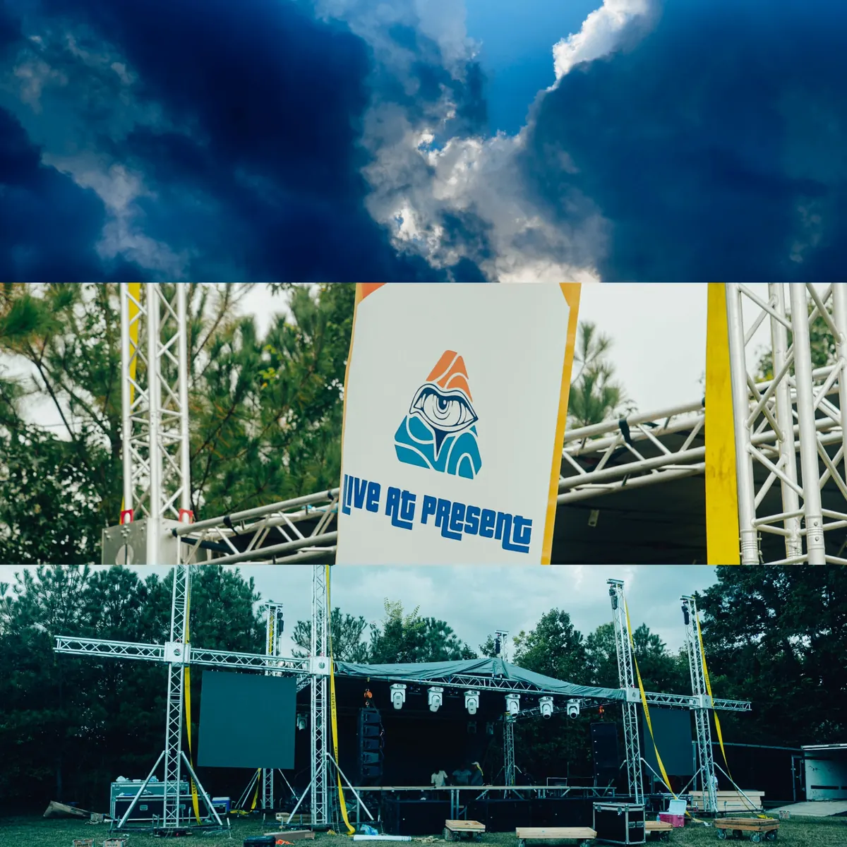 Festival stage, Live At Present branding, and dramatic September sky