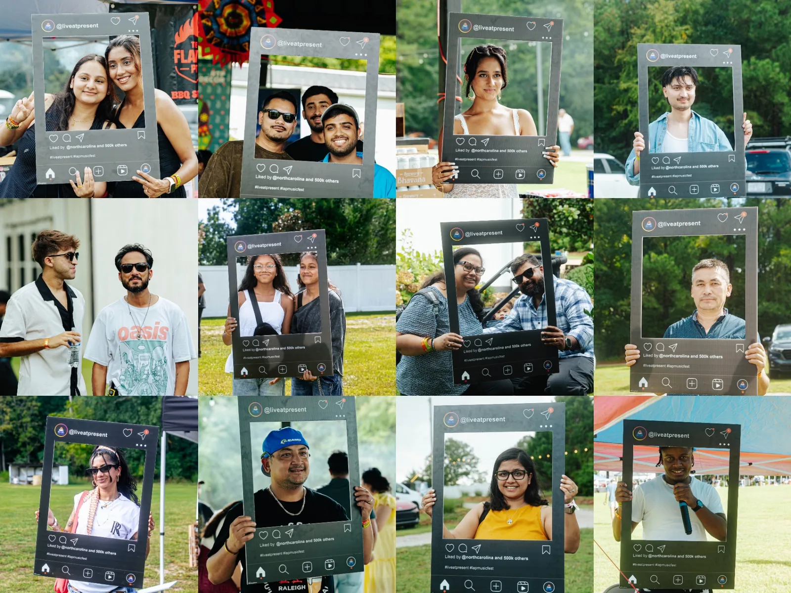 Live At Present guests posing in the festival photo frame