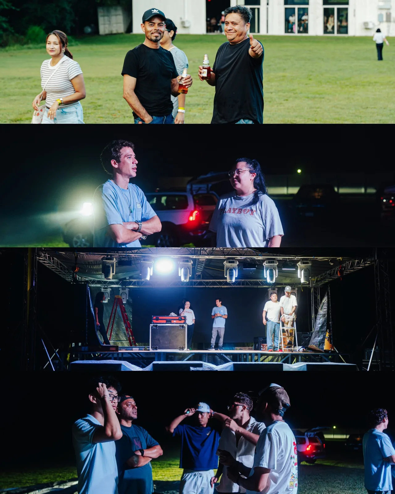 Festival guests and crew sharing moments from afternoon through evening