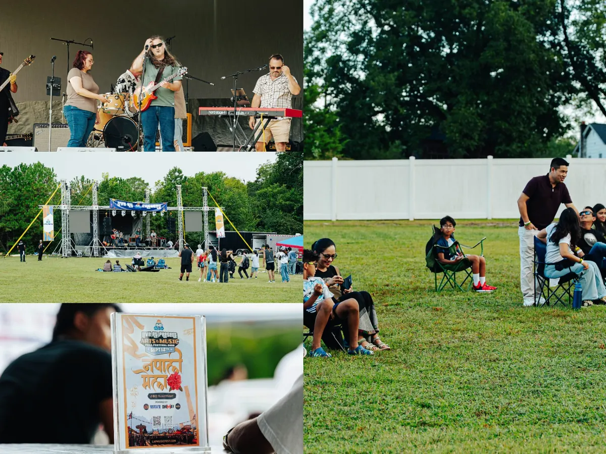 Live performance, festival stage, and guests relaxing on the lawn