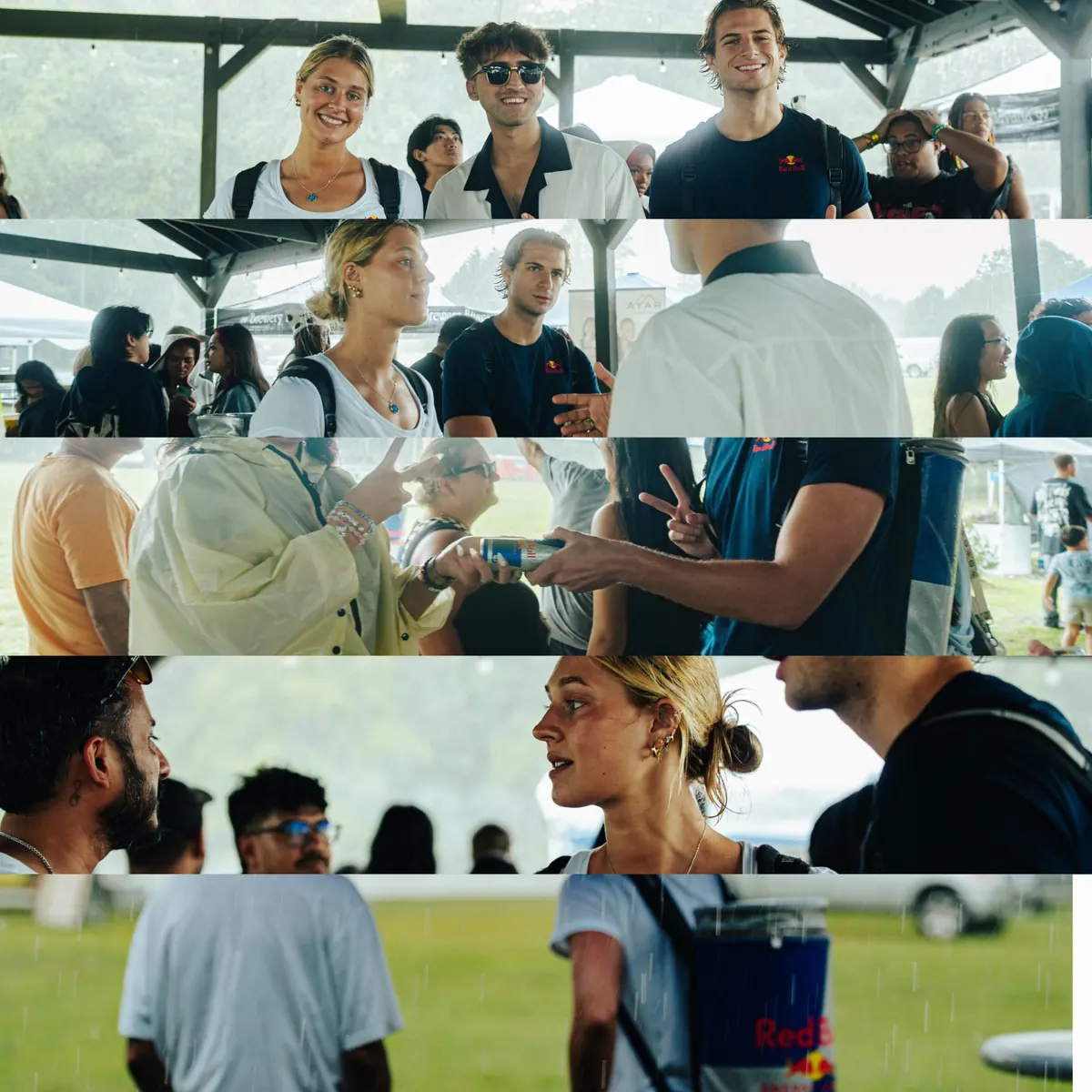 Festival guests connecting under shelter during the rain