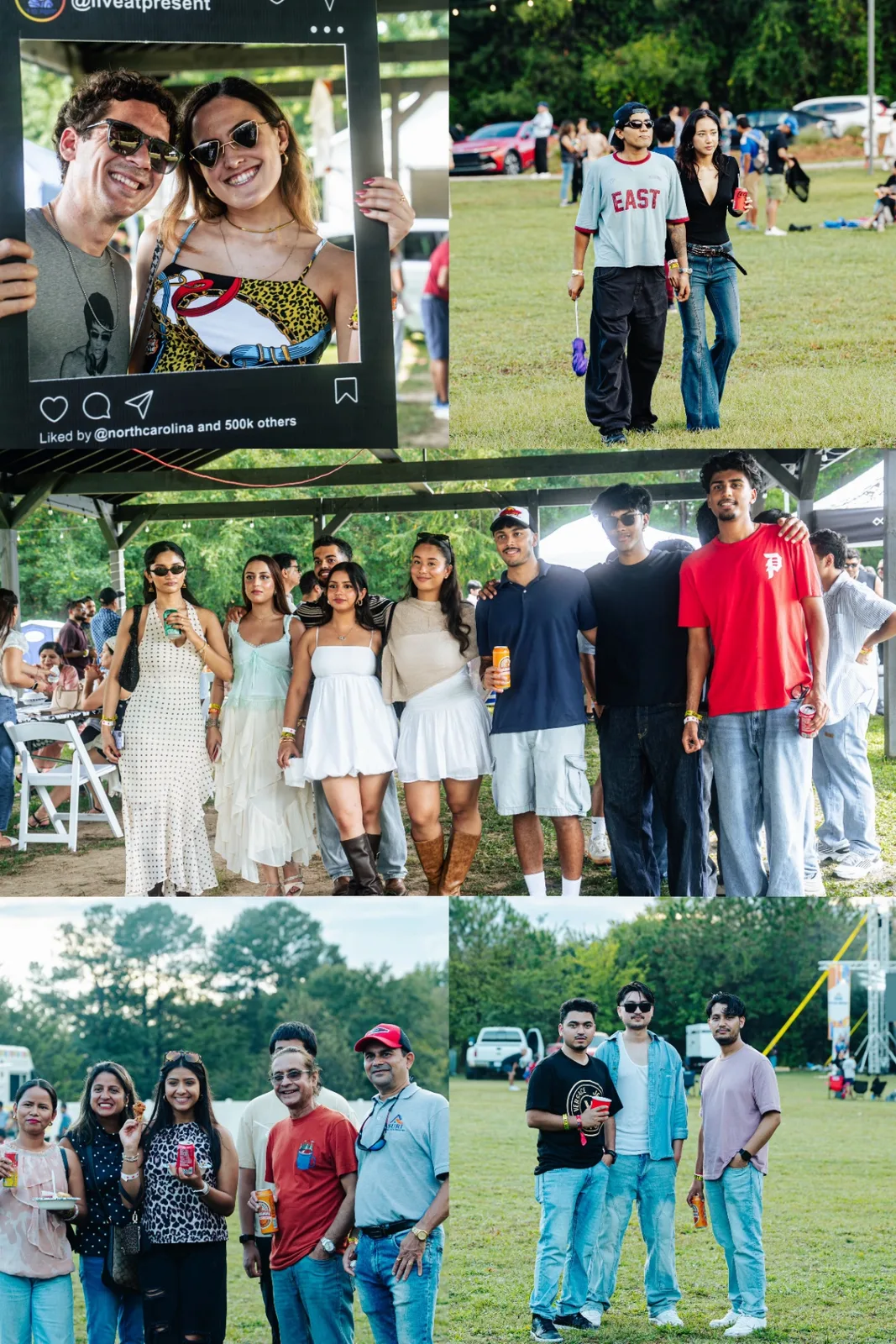 Groups of friends gathering across the Live At Present festival grounds