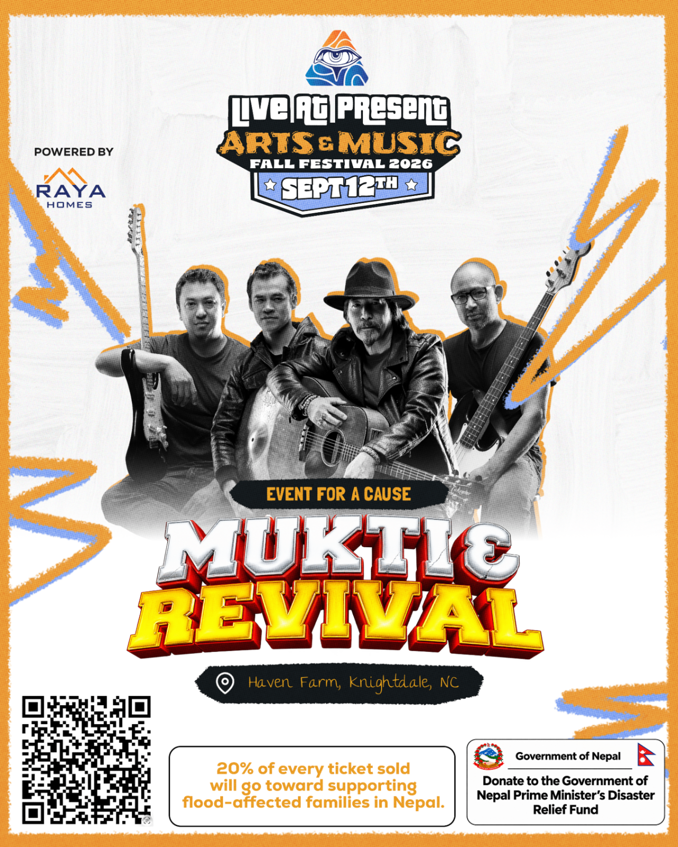 Mukti & Revival — Flood Relief — 30th anniversary performance & Nepal flood relief poster.