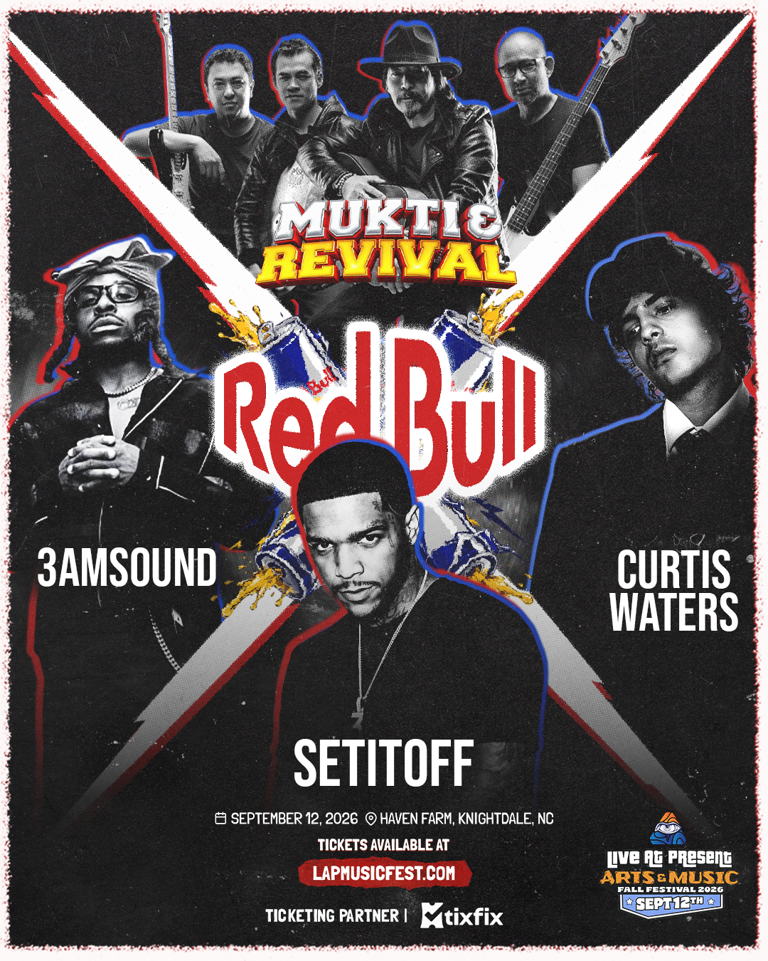 Headliner Poster — Mukti & Revival, 3AMSOUND, SETITOFF, Curtis Waters.