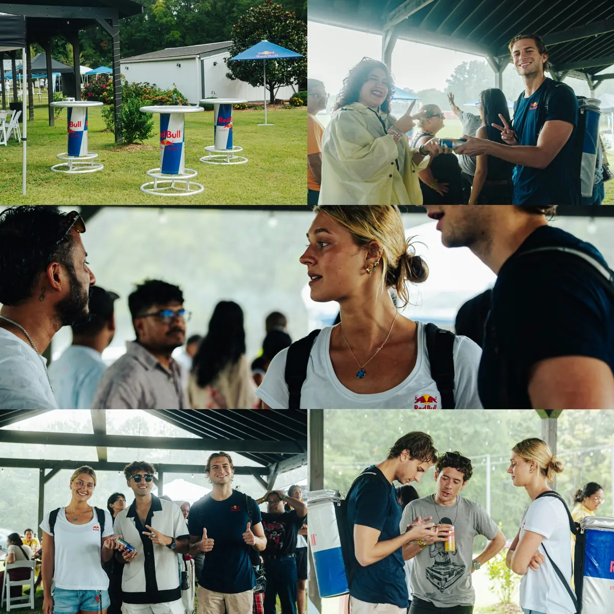 Red Bull crew connecting with guests during the rainy festival afternoon