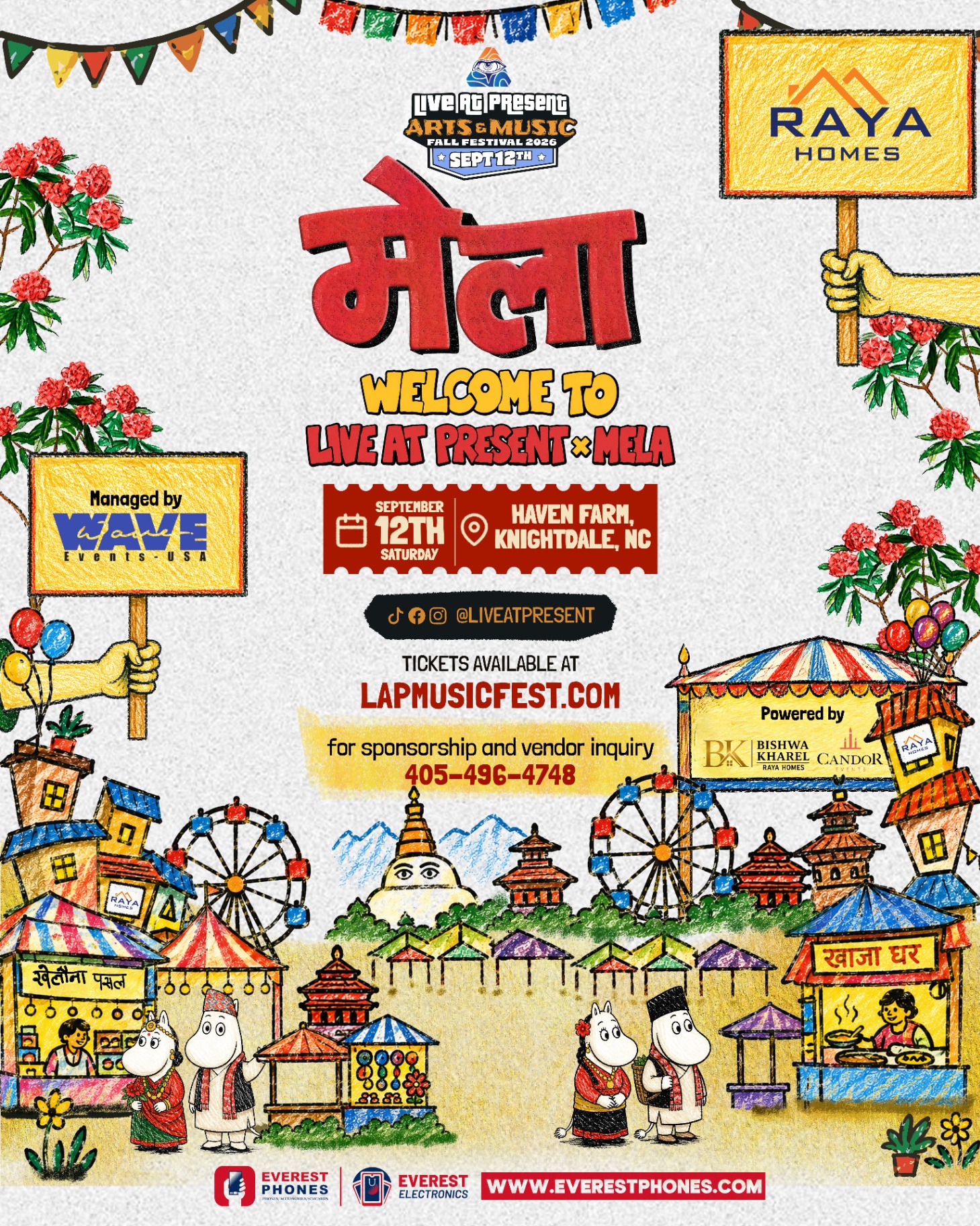 Nepali Mela 2026 poster — curated by Live At Present, September 12th at Haven Farm, Knightdale NC