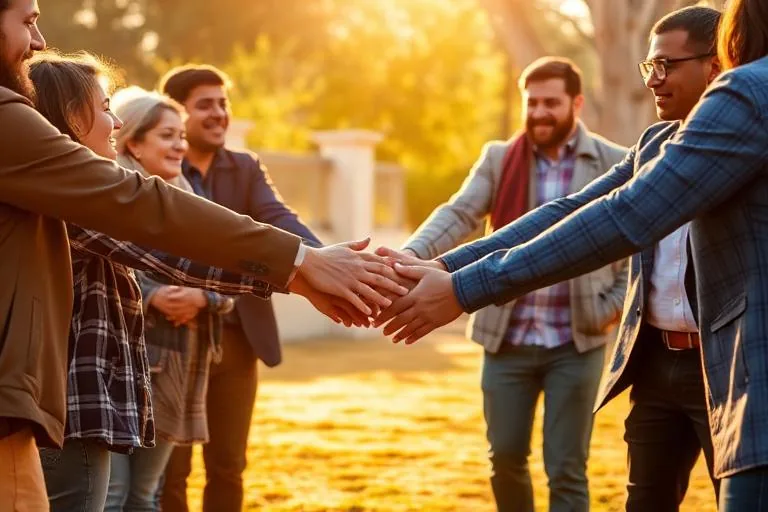 Community members joining hands together outdoors