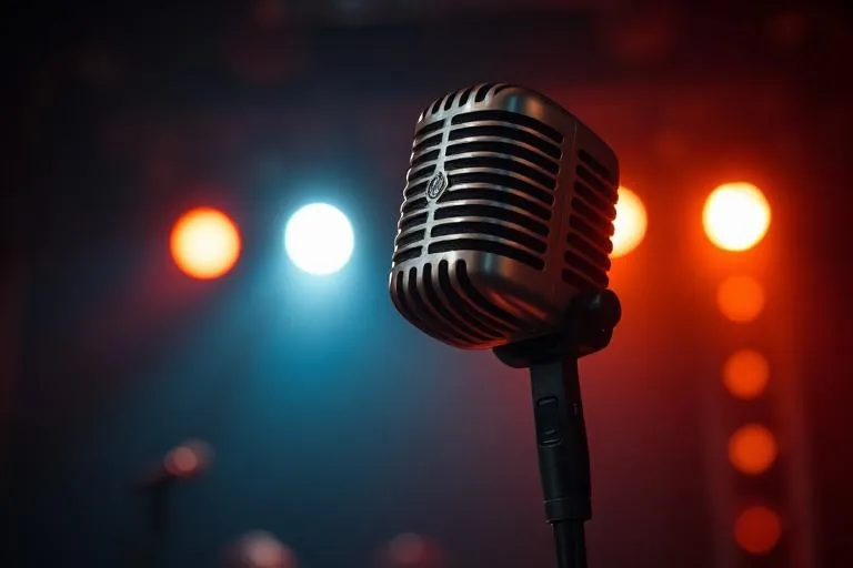 Vintage microphone on stage with warm concert lights