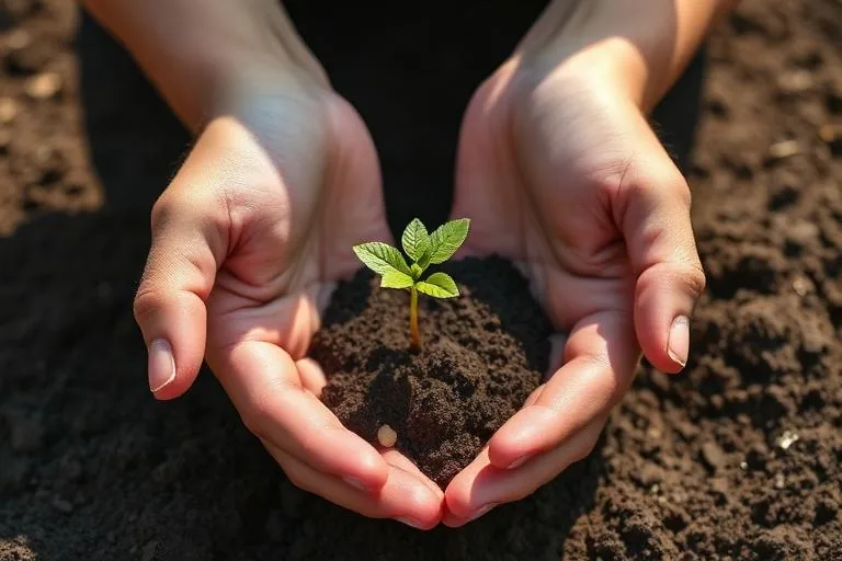 Hands holding a small green seedling in rich soil