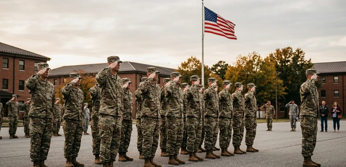 U.S. service members standing in formation and saluting the American flag